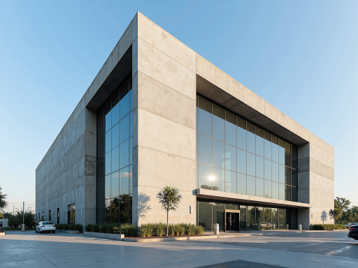 Modern textile factory building exterior with clean architecture and professional signage