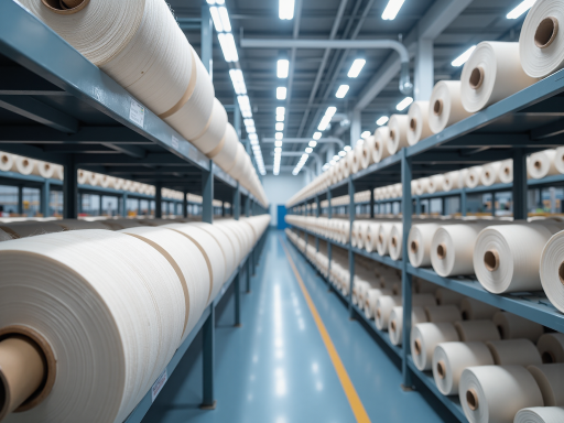 High quality cotton fabric rolls displayed in organized warehouse setting with natural lighting