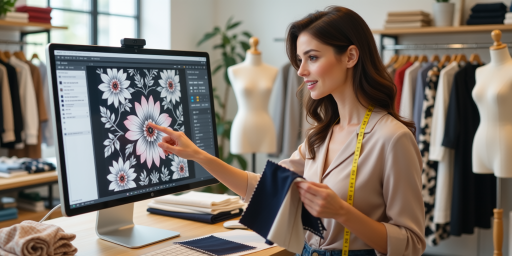 Textile designer working at computer with fabric samples and design tools in modern office environment