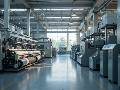 Modern textile manufacturing facility interior with advanced machinery and organized production lines