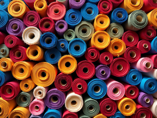 Colorful fashion fabric samples arranged in artistic display with vibrant patterns and textures