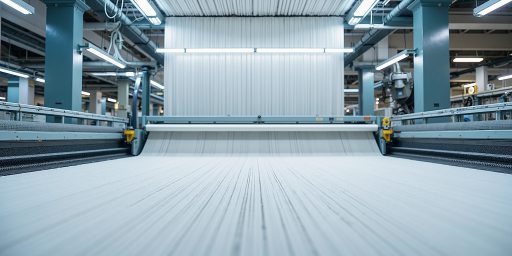 Modern textile manufacturing floor with automated machinery and workers in protective clothing