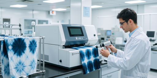 Laboratory technician conducting textile quality tests using specialized equipment with scientific instruments