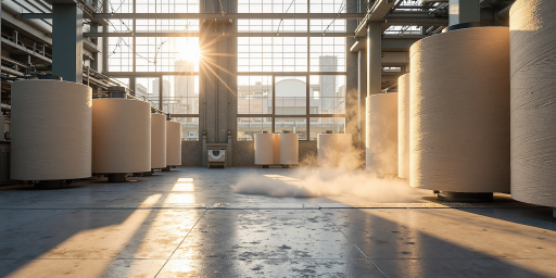 Eco-friendly textile production facility with green energy systems and recycling equipment visible