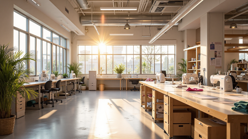 Diverse team of textile professionals working together in modern facility with collaborative workspace