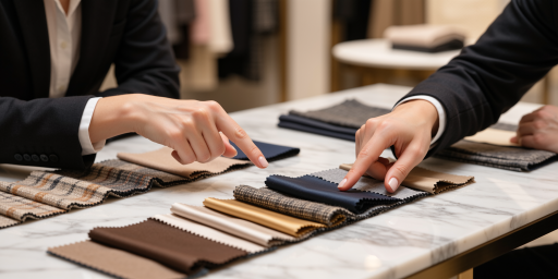 Technical expert consulting with client about textile specifications with detailed charts and samples