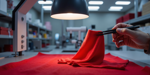 Laboratory technician conducting textile quality tests using specialized equipment with scientific instruments