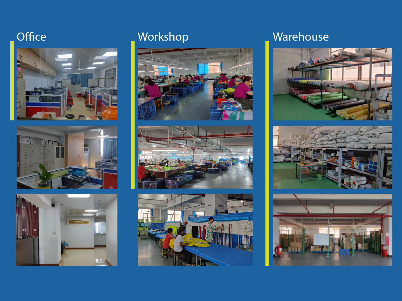 Modern textile factory building exterior with clean architecture and professional signage